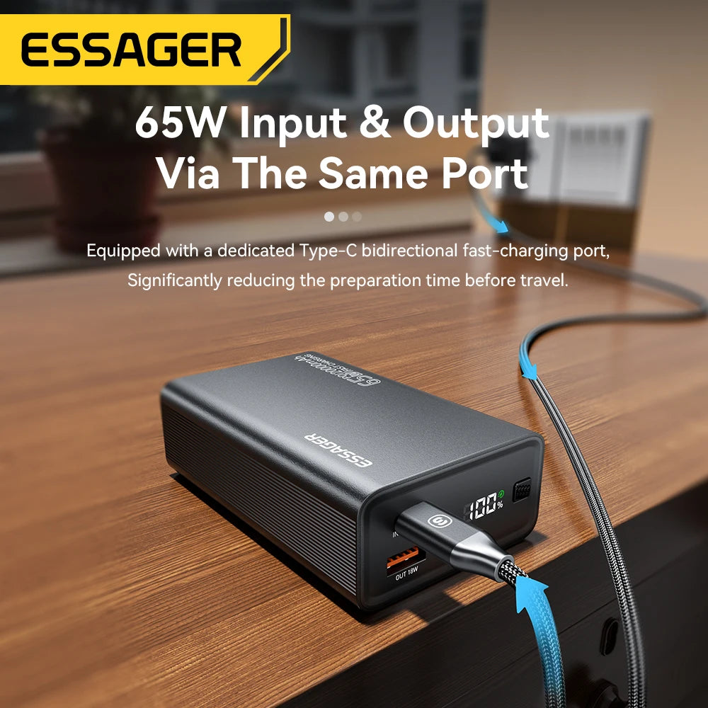 Essager Power Bank 20000mAh Portátil PD 65W Carregamento Rápido Bateria Externa para Celular, Laptop, Tablet e Mac.