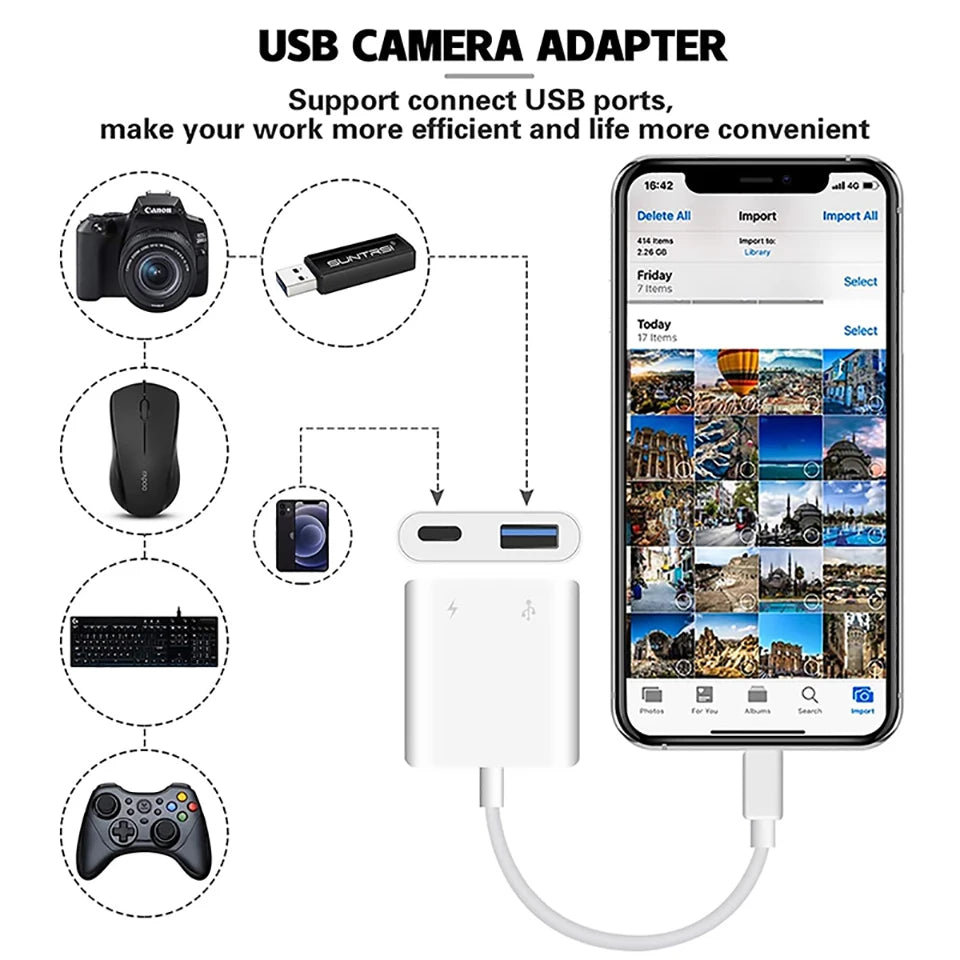 OTG Adapter Lightning To USB 3.0 Fast Charge Cable For iPhone 14 Pro Max 13 12 11 X XS XR 8 USB C Splitter Type C Data Convertor