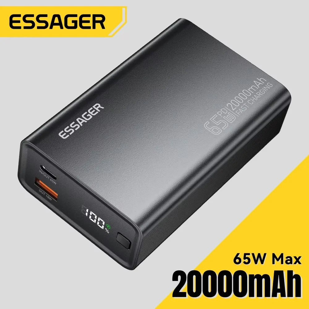 Essager Power Bank 20000mAh Portátil PD 65W Carregamento Rápido Bateria Externa para Celular, Laptop, Tablet e Mac.