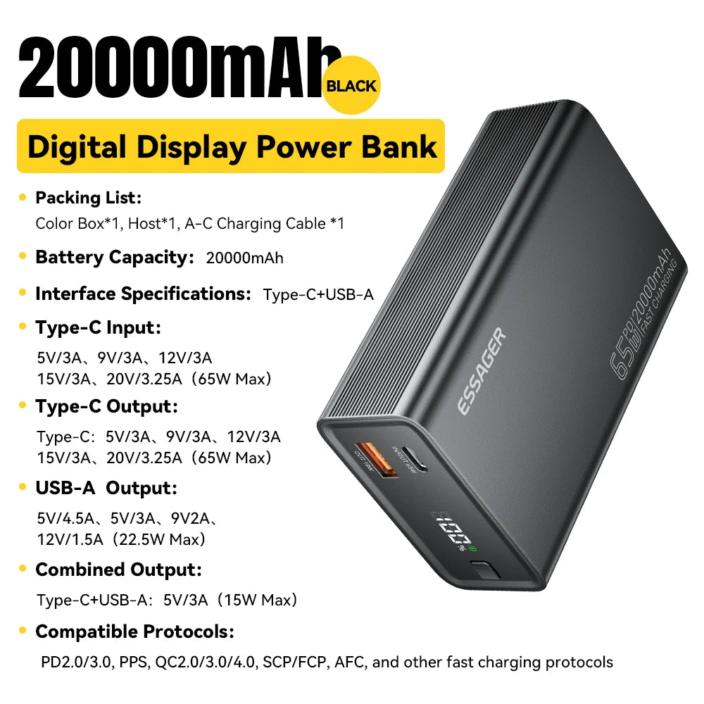 Essager Power Bank 20000mAh Portátil PD 65W Carregamento Rápido Bateria Externa para Celular, Laptop, Tablet e Mac.