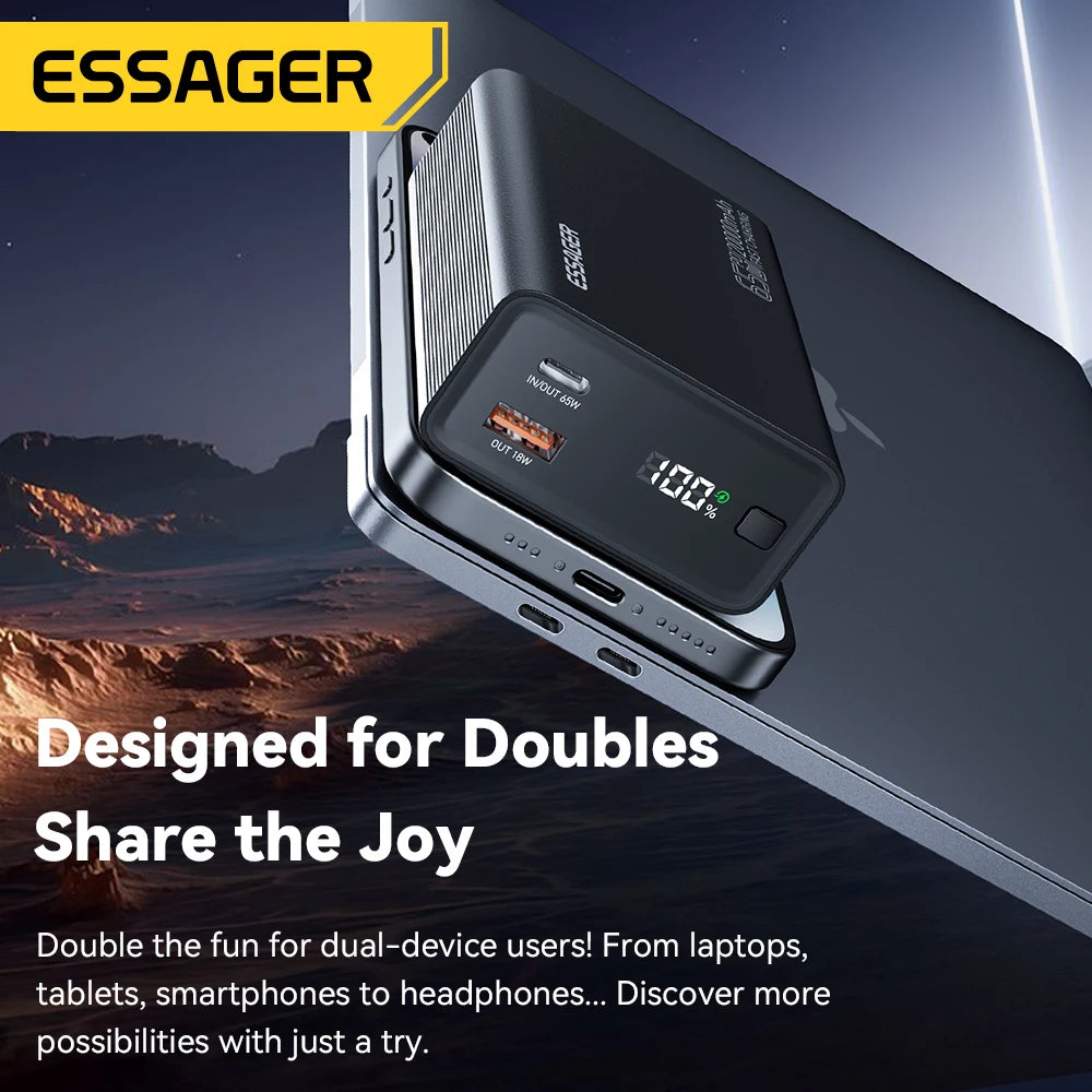 Essager Power Bank 20000mAh Portátil PD 65W Carregamento Rápido Bateria Externa para Celular, Laptop, Tablet e Mac.